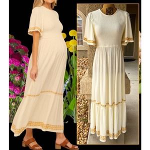 Elegant Cream Maxi Dress with Gold Accents